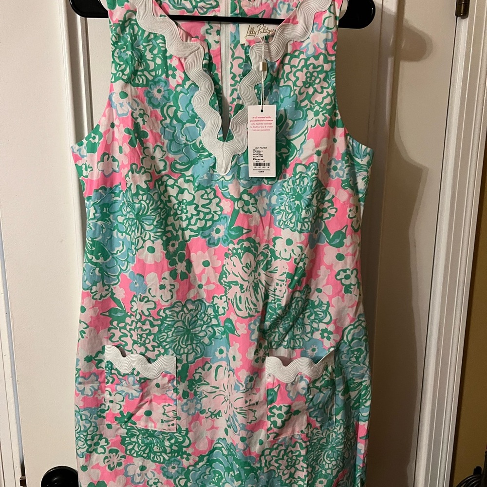 Lilly Pulitzer Romey shift romper, size 12, Pink and Green Floral Midi Dress